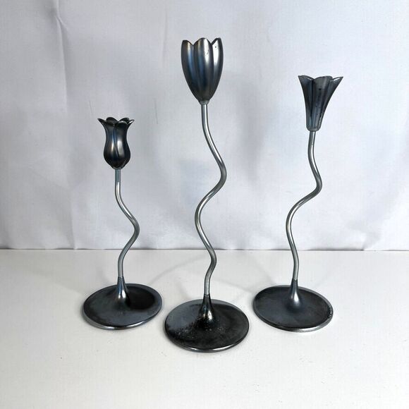 Partylite Trio of Dancing Flowers Slim Candle Holder Sticks Silver Metal-Retired - Picture 4 of 15